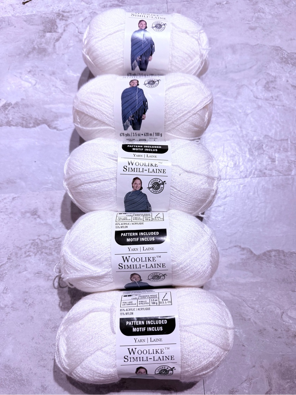 5 Skeins Loops & Threads Woolike Yarn - 3 White& 2 Ivory